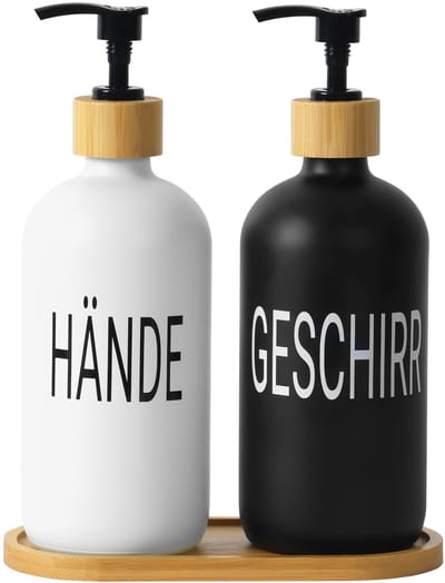Dailygoods- Zeepdispenser Set 2 Stuks - Glazen Zeepdispenser - Bamboe Lekbak - 500 ml - 7,5 x 21,5 cm - Antislip Ondergrond - Afwasmiddel Dispenser