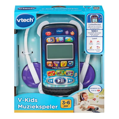 Vtech V-kids Muziekspeler. Druk op de toetsen om naar verschillende stijlen muziek en 11 gezongen liedjes te luisteren én bekijk de vrolijke animaties op het verlichte scherm. Speel 3 muziek-spellen of kom tot rust tijdens de speelstand 'Relaxen'.