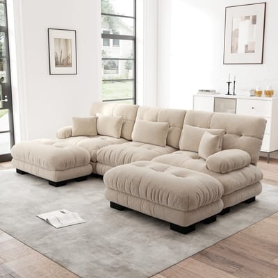 Luxe Modulaire U-Vormige Wolkensofa - Chenille Bekleding - Lichtbruin - Inclusief Hocker - Omvormbaar Tot Slaapbank - Diepe Zit