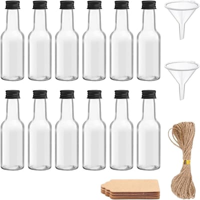 Famanu - Set van 12 plastic shotflessen 50 ml met etiket en dop, herbruikbare mini-flessen voor sap en likeur – Transparant