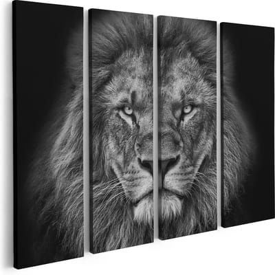 Artaza Canvas Schilderij Vierluik Leeuw - Leeuwenkop - Zwart Wit - 80x60 - Foto Op Canvas - Canvas Print