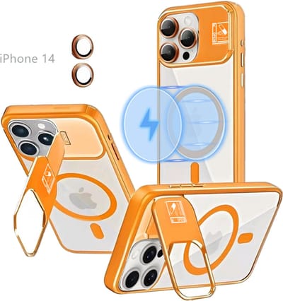 Hoesje voor iPhone 14 met Standaard, Compatibel met MagSafe, Acryl + TPU Case, Hoes ingebouwde Stash Stand-telefoonhoes, Ultradun-Oranje