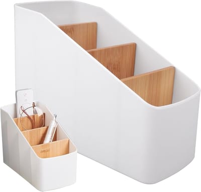 Houten Bureau Organizer met 4 Verwijderbare Compartimenten, Desk Storage Box en Penhouder voor Efficiënte Werkplekorganisatie
