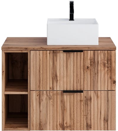 Vente-unique Geribbeld hangmeubel voor badkamer met nissen en vierkante opbouwwastafel - Licht naturel - L80 cm - ZEVARA
