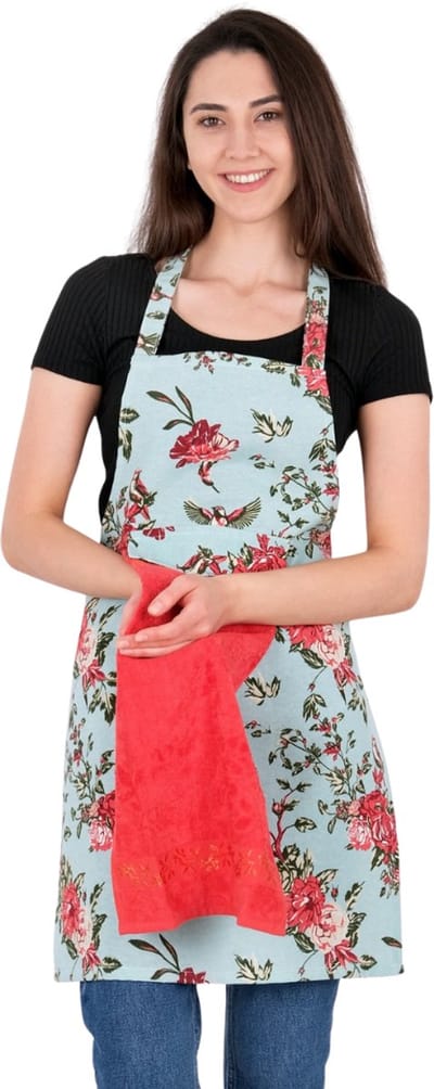 Tulipa Keukenschort met Handdoek - 55x75 cm - Stof met Bloemen en Vogels - Kookschort - BBQ - Horecakwaliteit - Keukenschort Dames