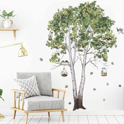 Dailygoods- Wandstickers Natuurthema - Berkenboom - Vogels - Bladeren - Waterdicht - Herbruikbaar - Eenvoudig aan te brengen - Muursticker