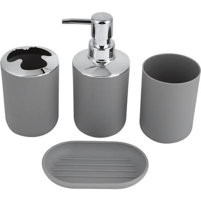 Ensemble 4 Pièces Kit Salle de Bain Accessoire Bouteille à Lotion en Plastique Gobelet de Rangement Gobelet de Rinçage Porte-Savon gris