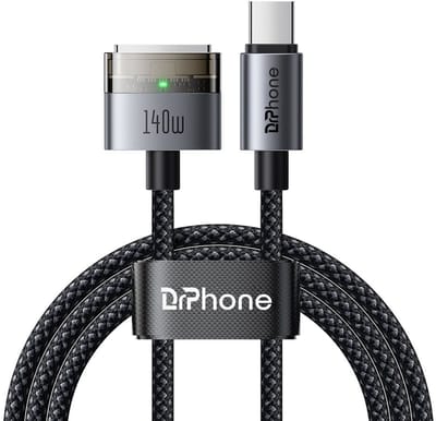 DrPhone MagLine USB-C naar MagSafe 3 Kabel – 140W PD3.1 Snelladen – 2 Meter – Magnetische Aansluiting – Nylon Gevlochten – Met Indicatorlampjes – Geschikt voor MacBook Pro & Air - Zwart