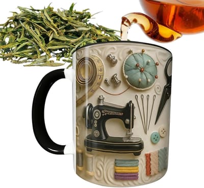 Keramische Mok - Theekop Koffiemok - Drinken Genieten - Naaimachine Design - 300 ml - Grijs