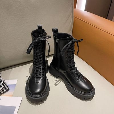 Herfst Winter Laarzen Ronde Neus Middelhoge Hak Laarzen Vrouwen ' ;S Schoenen Dames Booties Dames Luxe Designer Goth Zwart Leer Platform 40 black