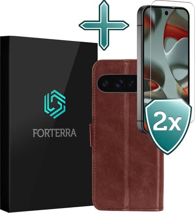 Hoesje Met 2x Screenprotector - Geschikt voor Google Pixel 10 Pro - Luxe Pasjeshouder - Flip Case - Bookcase Portemonee - Kunstleer Book Case - Flipcase Hoes - Book Cover - Walletcase - Portemonneehoes - Bruin