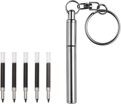 Compacte Sleutelhanger Pen met 6 Navullingen, RVS Telescopische Balpen voor in de Zak, Ideaal voor Op Reis en Dagelijks Gebruik