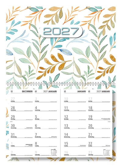 MGPcards - Omleg Maandkalender 2027 - Week begint op zondag - 43 x 34 cm - Bladeren