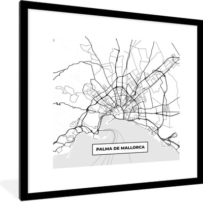 Fotolijst incl. Poster Zwart Wit- Kaart - Mallorca - Stadskaart - Zwart Wit - Plattegrond - 40x40 cm - Posterlijst