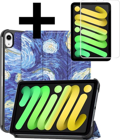 Hoes - Geschikt voor Apple iPad Mini 7 (2024) - 8.3 inch - 7e Generatie - Met Screenprotector - Trifold Bookcase - Hard Cover - Hardcover Book Case - Tablet Hoesje - Sterrenhemel