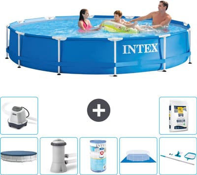 Intex Rond Frame Zwembad - 366 x 76 cm - Blauw - Inclusief Afdekzeil - Zwembadfilterpomp - Filter - Grondzeil - Schoonmaakset - Zoutwatersysteem - Zwembadzout - 8-delig