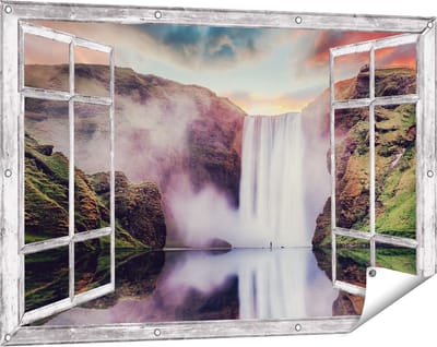Gards Tuinposter Doorkijk Waterval met een Weerspiegeling in het Water - 120x80 cm - Tuindoek - Tuindecoratie - Wanddecoratie buiten - Tuinschilderij
