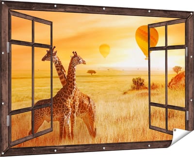 Gards Tuinposter Doorkijk Twee Giraffen met Twee Oranje Luchtballonnen - 180x120 cm - Tuindoek - Tuindecoratie - Wanddecoratie buiten - Tuinschilderij