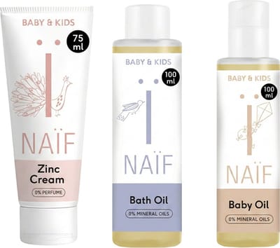 Naïf - Newborn Essentials Set - Baby - Baby Badolie, Zinkcrème en Babyolie - 0% Parfum - Geen SLES - 3 stuks