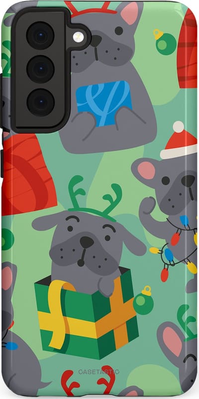 Casetastic hoesje geschikt voor Samsung Galaxy S21 FE 5G - Dubbellaagse bescherming - Hondje als Kerstcadeau - Fashion Case - Mintgroen Grijs Rood