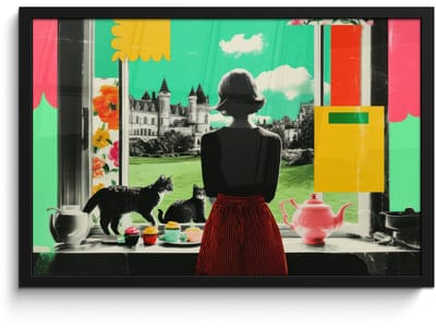 Poster in lijst - Fotolijst 60x40 cm - Posters - Vrouw - Keuken - Katten - Doorkijk - Posterlijst zwart - Decoratie - Wanddecoratie woonkamer - Muurdecoratie slaapkamer