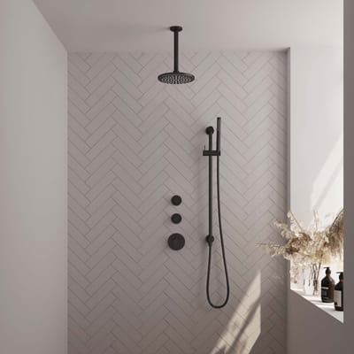 Brauer Black Edition thermostatische inbouw regendouche SET 17 met 20 cm douchekop en plafondarm en staaf handdouche en doucheslang en geïntegreerde glijstang mat zwart