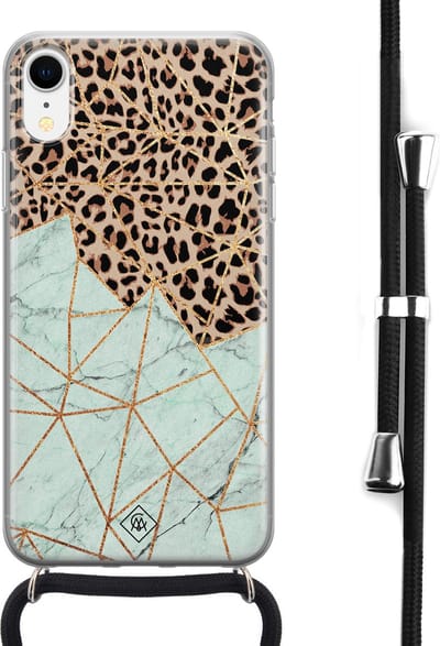 Casimoda® hoesje met koord - Geschikt voor iPhone XR - Luipaard Marmer Mint - Afneembaar koord - Siliconen/TPU - Bruin/beige