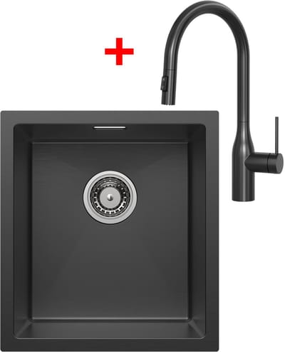 CECIPA max Spoelbak Antraciet 40x44CM - Spoelbak Keuken Met Uittrekbare Uitloop Keukenkraan - Spoelbakken Keuken - Wasbak Keuken - Met Kraangat RVS