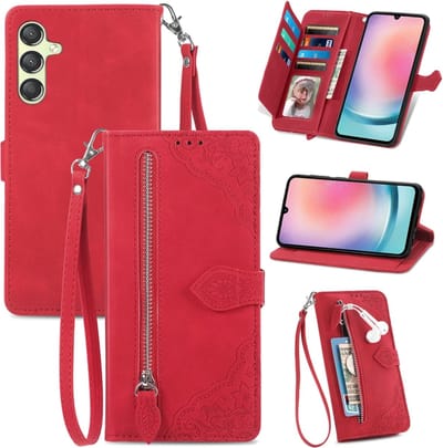Telefoonhoesje geschikt voor Samsung Galaxy A25 5G - Portemonnee met rits - book-case hoesje - ruimte voor 7 pasjes - mandala bloemen rood
