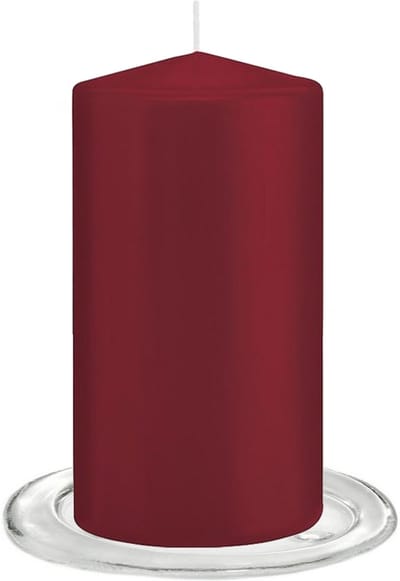 Trend Candles - Stompkaarsen met glazen onderzetters set van 2x stuks bordeaux rood 8 x 15 cm