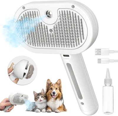 Daity 1 stoomborstel voor katten, 3-in-1 stoomborstel voor huisdieren, geschikt voor katten en honden met lang en kort haar, ontharingsborstel met sprayfunctie, geschikt voor de verzorging van kleine dieren, waternevelborstel met knop (wit).