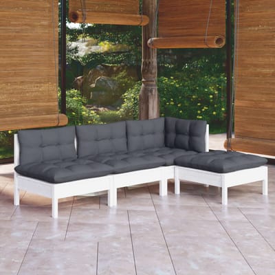 vidaXL - 4-delige - Loungeset - met - kussens - grenenhout - wit