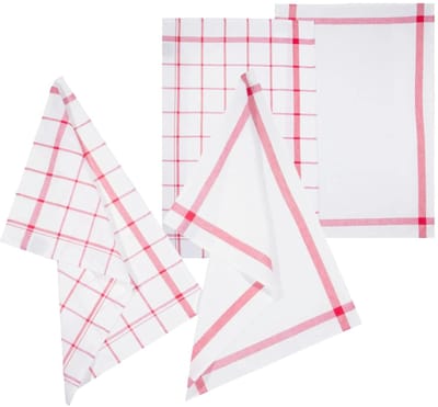 5Five Theedoek Traditioneel - set van 4x stuks - rood/wit- motief - katoen - 70 x 45 cm - Afdroogdoek - Vaatdoek
