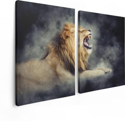 Artaza Canvas Schilderij Tweeluik Brullende Leeuw - 120x80 cm - Wanddecoratie Woonkamer - Schilderijen - Muurdecoratie
