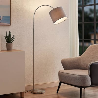 Lindby - booglamp - 1licht - IJzer, textiel - H: 150.2 cm - E27 - satijnnikkel, grijs