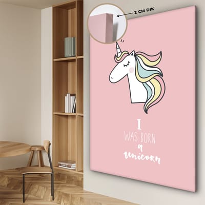 Canvas schilderij kinderen - Muurdecoratie kinderkamer - Unicorn - I was born a unicorn - Quotes - Roze - Spreuken - Wanddecoratie meisjes - Canvasdoek kinderen - 120x160 cm