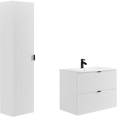 Vente-unique Gestreept hangmeubel voor badkamer met inbouwwastafel en kolom - Mat wit - 80 cm - ZEVINI