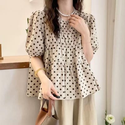 Bloesmouw Polkadot A-lijn Katoen en Linnen Shirt Dames Zomerkleding Nieuwe Europese Dameskleding Buitenlandse Stijl Shirt 3XL gray