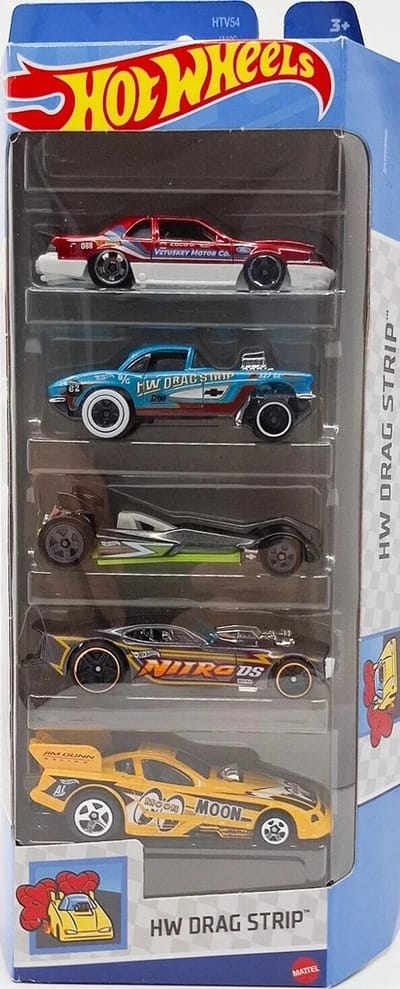 HOT WHEELS 5 CARS IN BOX 1988 FORDT-BIRD CORVETTE GASSER HOT WIRED NITRO DOORSLAMMER AND MUSTANG FUNNY CAR 5 PACK HW