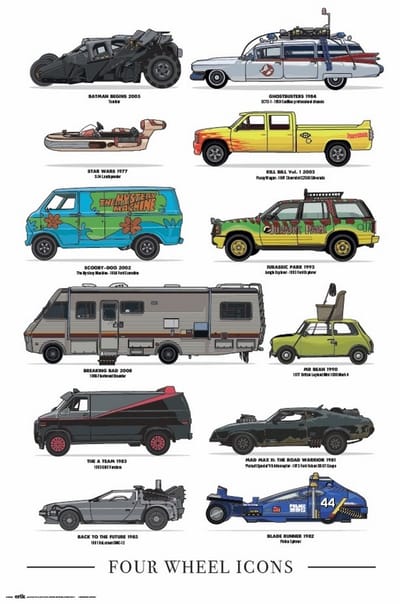 Film poster - Auto's - TV - Bioscoop - Cinema - Hollywood - Star Wars - Back to the Future - Kill Bill - Breaking Bad - Bat Mobiel - 61 x 91.5 cm.