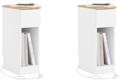 SoBuy 2-delige Slim Nachtkastje met Oplaadstation, Smal Bijzettafeltje met Standaard Stopcontact, USB-poort en Type-C Poort voor Slaapkamer en Woonkamer, B20 x D35 x H60 cm, Wit, FBT111-E-WNx2