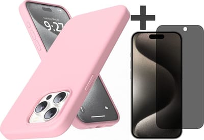 Hoesje met Privacy Screenprotector Geschikt voor iPhone 15 Pro Hoesje Siliconen - liquid case - Arara Backcover - Roze