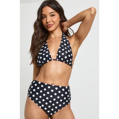 boohoo Dames Polkadot Buikcontrolerende Halternek Hoge Taille Bikini Set | Zwart | Maat: 36
