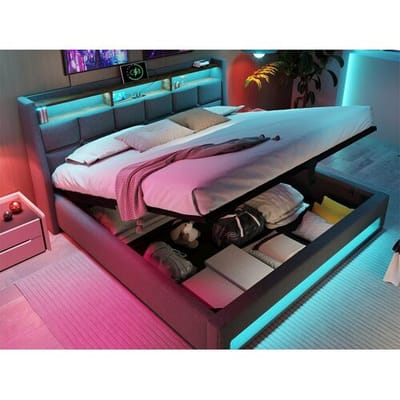 ModernLuxe Linnenopbergbed 160x200cm met LED- en USB-poorten - lattenbodem - grijs
