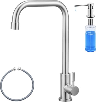 Anycee Max Koudwaterkraan - roestvrijstalen keukenmengkraan - Met Zeepdispenser 300ML - 360° draaibare wastafelkraan voor kleine keukens
