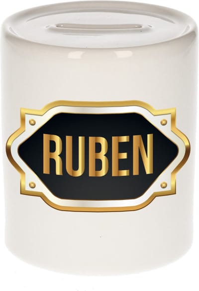 Spaarpot met voornaam Ruben - wit - met goud/zwart embleem - 8 x 9 cm - keramiek - met afsluitdop - cadeau verjaardag
