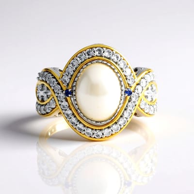 Cavill - Zilveren ring met palladium afwerking - 925 sterlingzilver - Witte ovale Mabe parel 10x8 mm - Blauwe saffier & zirkonia - Elegante damesring