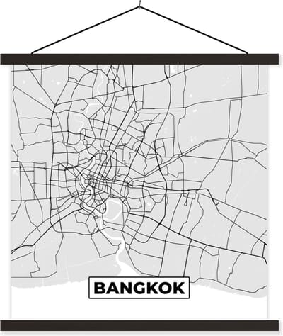 Posterhanger incl. Poster 60x60 cm - Schoolplaat - Bangkok - Stadskaart - Plattegrond - Zwart Wit - Kaart - Textielposter - Zwarte latten - Stadskaart