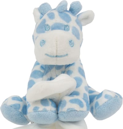 Suki Gifts pluche gevlekte giraffe knuffeldier - tuttel doekje - blauw/wit - 30 cm - Hoge kwaliteit knuffels