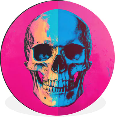 WallCircle - Wandcirkel - Muurcirkel - Neon - Blauw - Pop-art - Schedel - Aluminium - Dibond - 30x30 cm - Binnen en Buiten